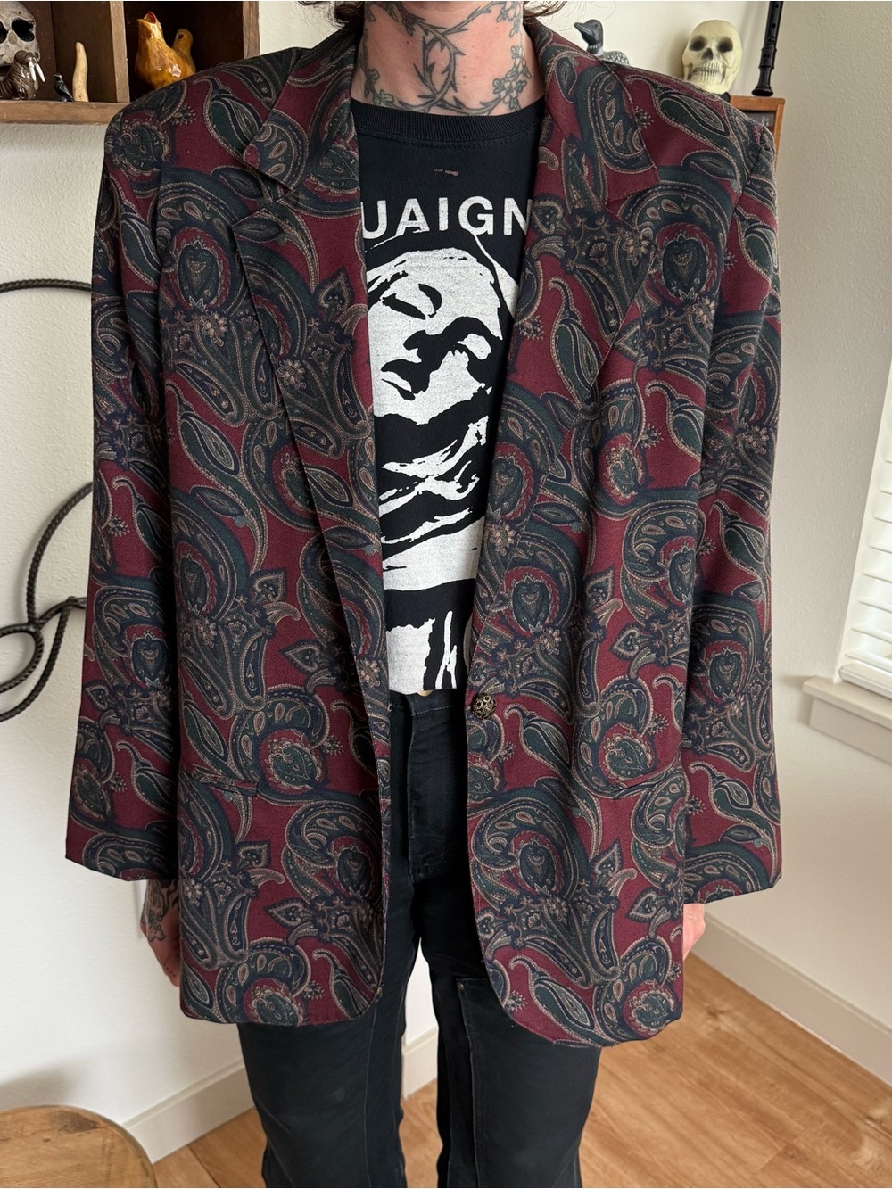 Vintage 90s Burgundy Paisley Wool Blend Oversized Blazer ~ Size 14 / L